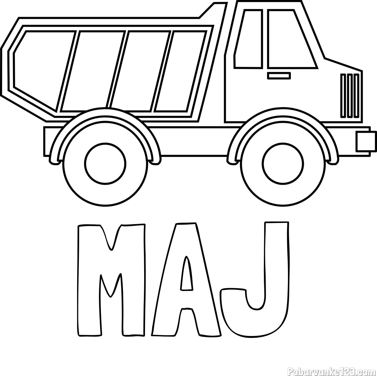 Pobarvanka imena MAJ in otroška pobarvanka tovornjaka za prevoz smeti in drugega tovora