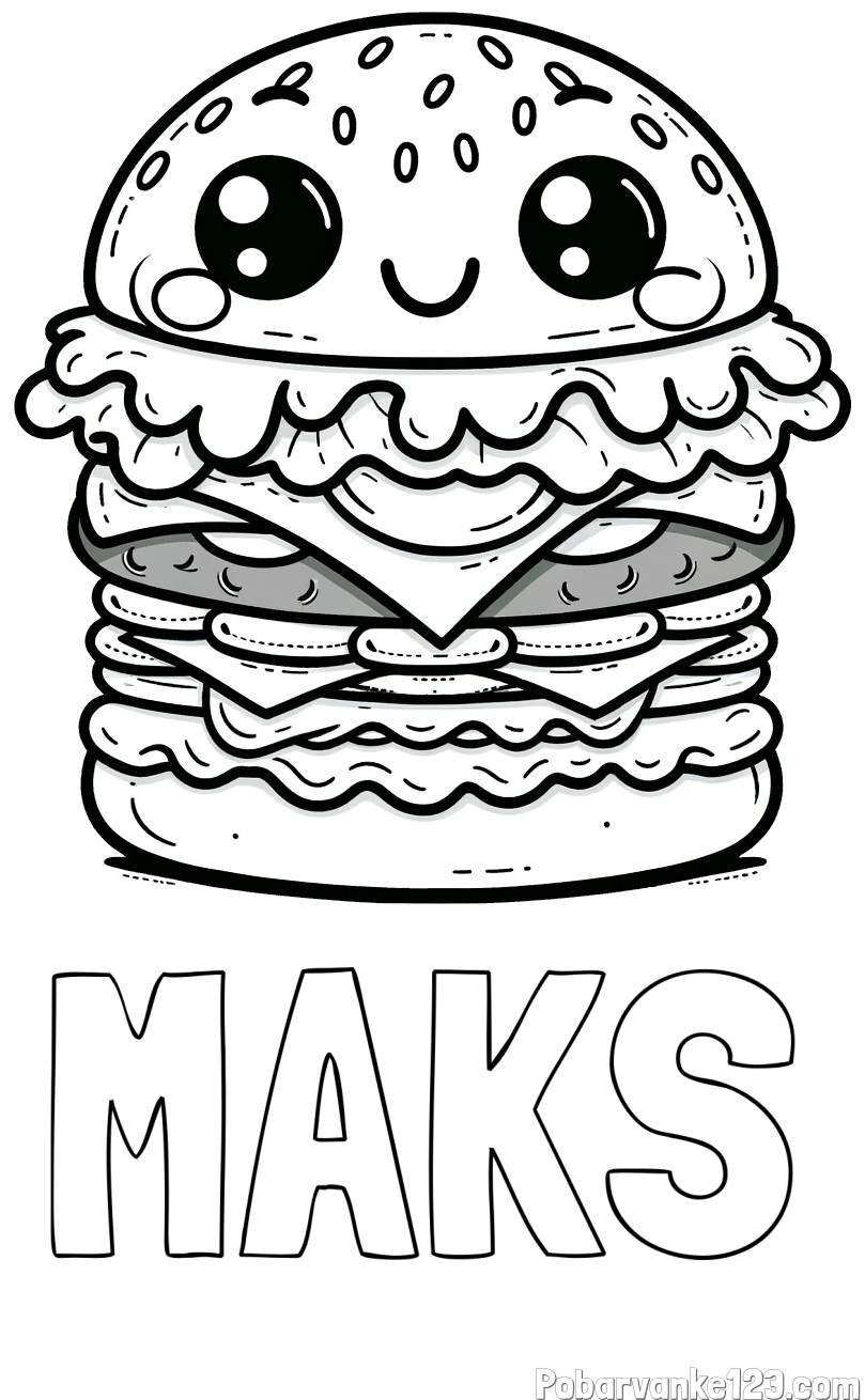 Pobarvanka imena MAKS in otroška pobarvanka nasmejanega hamburgerja
