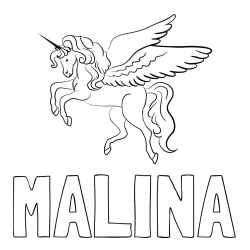 Online izdelana pobarvanka - Pobarvanka imena MALINA in lepa pobarvanka samoroga