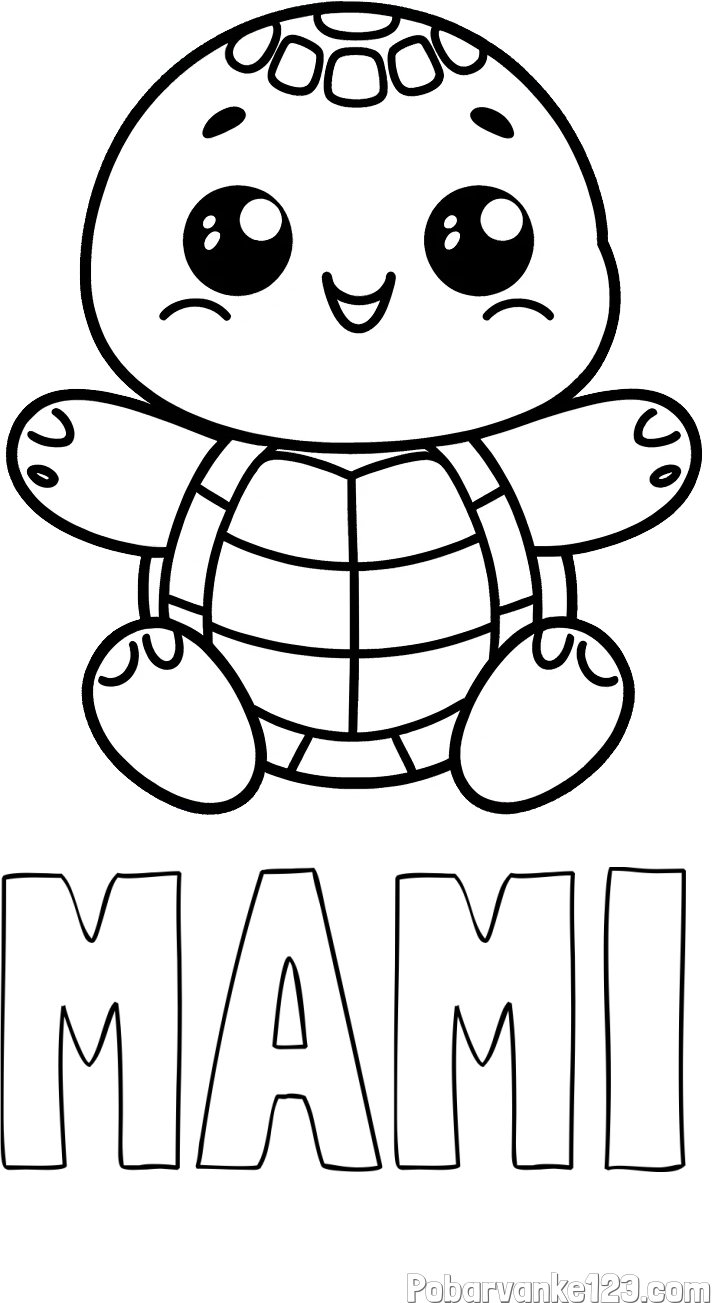 Pobarvanka imena MAMI in otroška pobarvanka ljubke in nasmejane želvice
