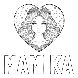 Online izdelana pobarvanka - Pobarvanka imena MAMIKA in pobarvanka ljubke princese v srčku