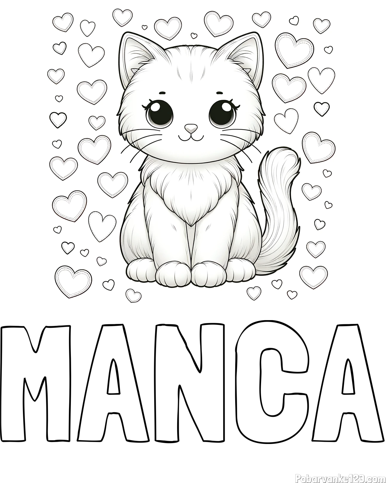 Pobarvanka imena MANCA in pobarvanka ljubke mucke obdane s srčki