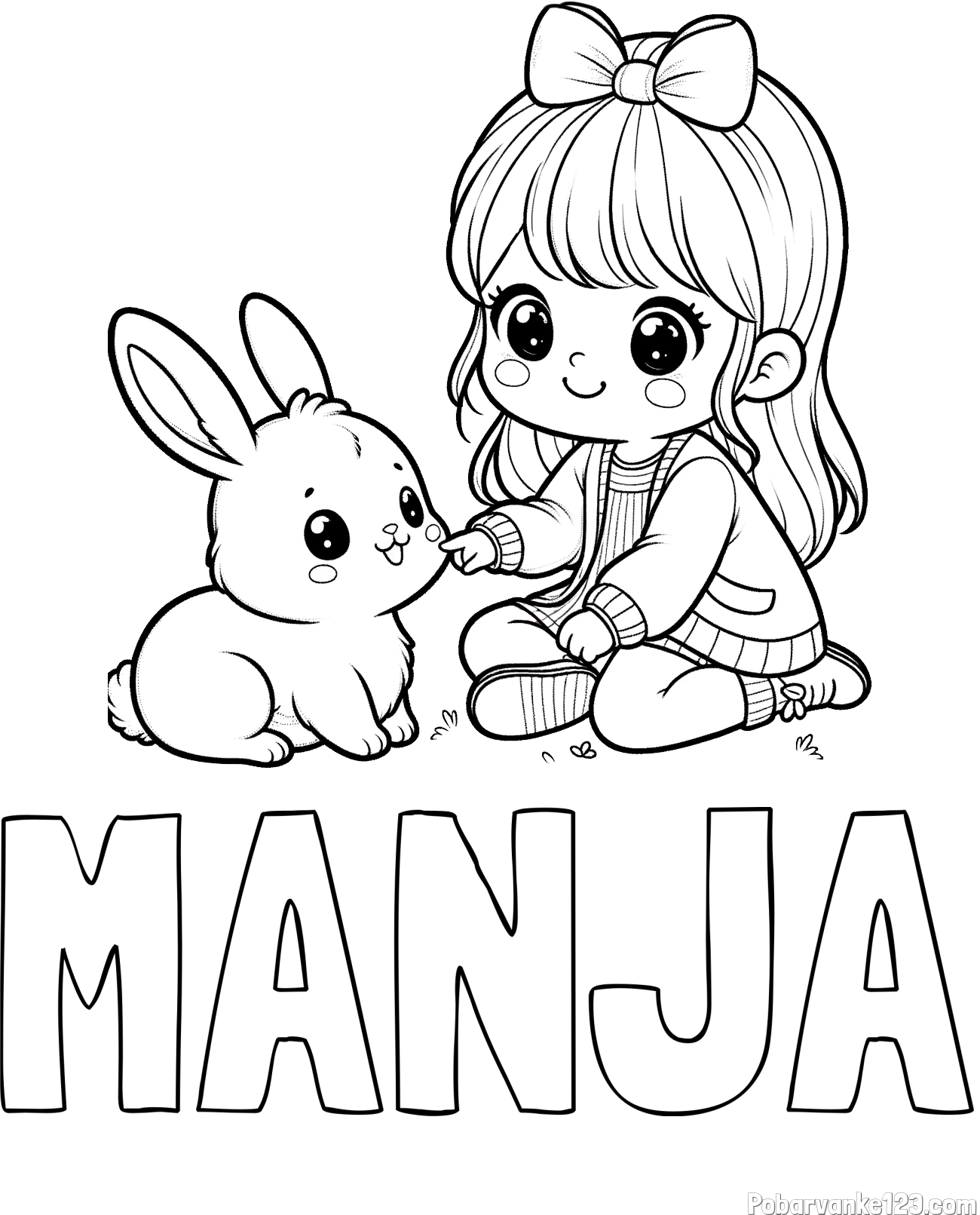 Pobarvanka imena MANJA in pobarvanka ljubke punčke, ki se igra z zajčkom