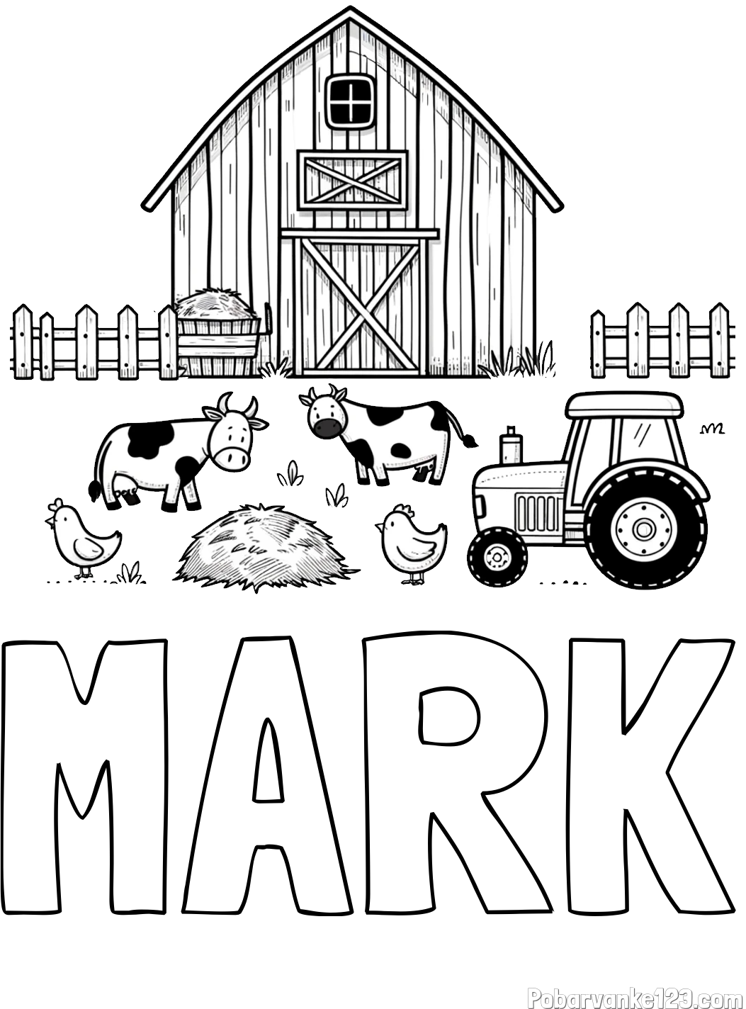Pobarvanka imena MARK in otroška pobarvanka velikega senika, krav in traktorja