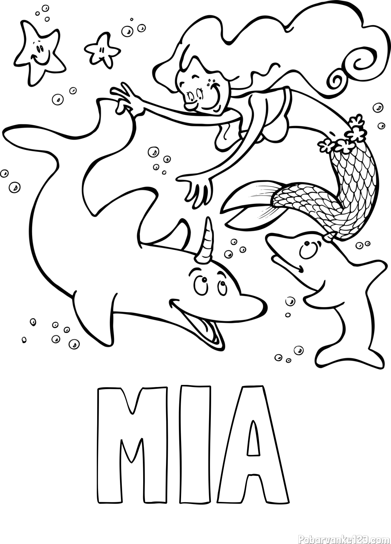 Pobarvanka imena MIA in pobarvanka male morske deklice pri igri s prijatelji