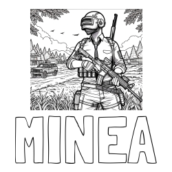 Online izdelana pobarvanka - Pobarvanka imena MINEA in PUB pobarvanka bojišča ter osrednjega lika