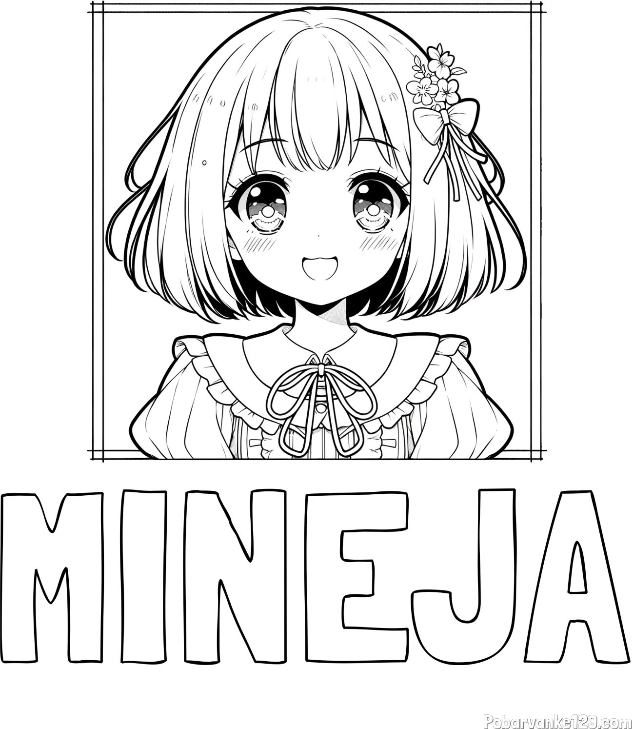 Pobarvanka imena MINEJA in pobarvanka ljubke punčke v anime slogu