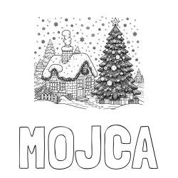 Online izdelana pobarvanka - Pobarvanka imena MOJCA in pobarvanka zasnežene hiške na božično noč