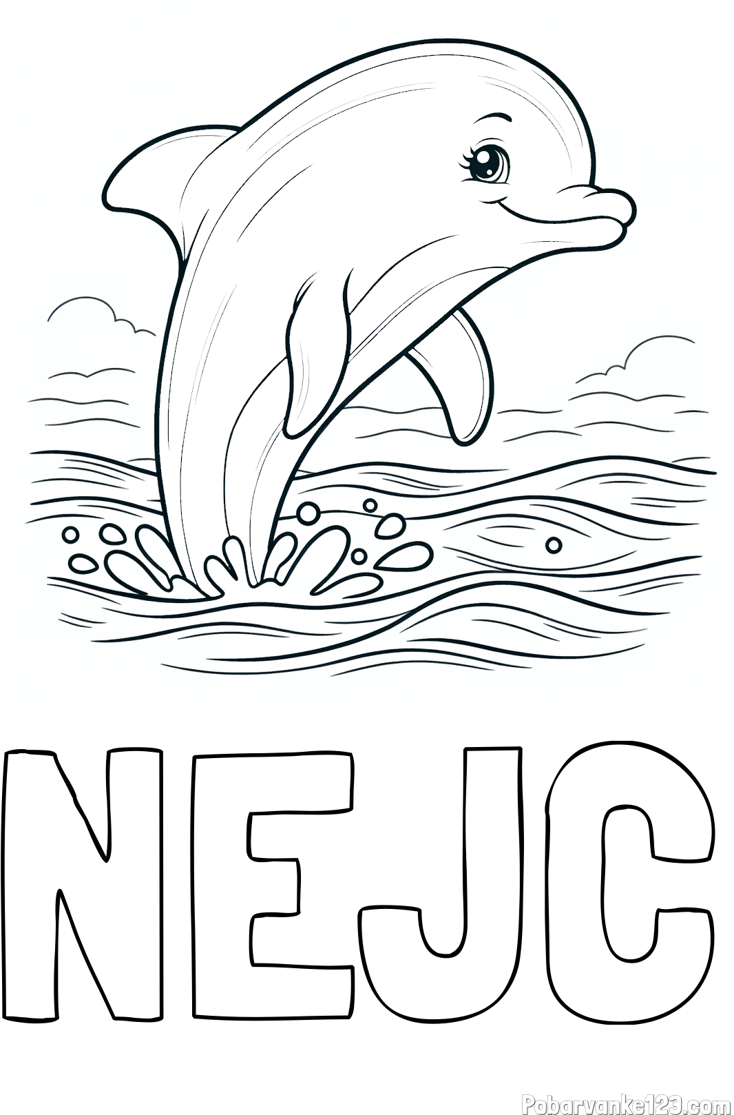 Pobarvanka imena NEJC in pobarvanka nasmejanega delfina v  skoku