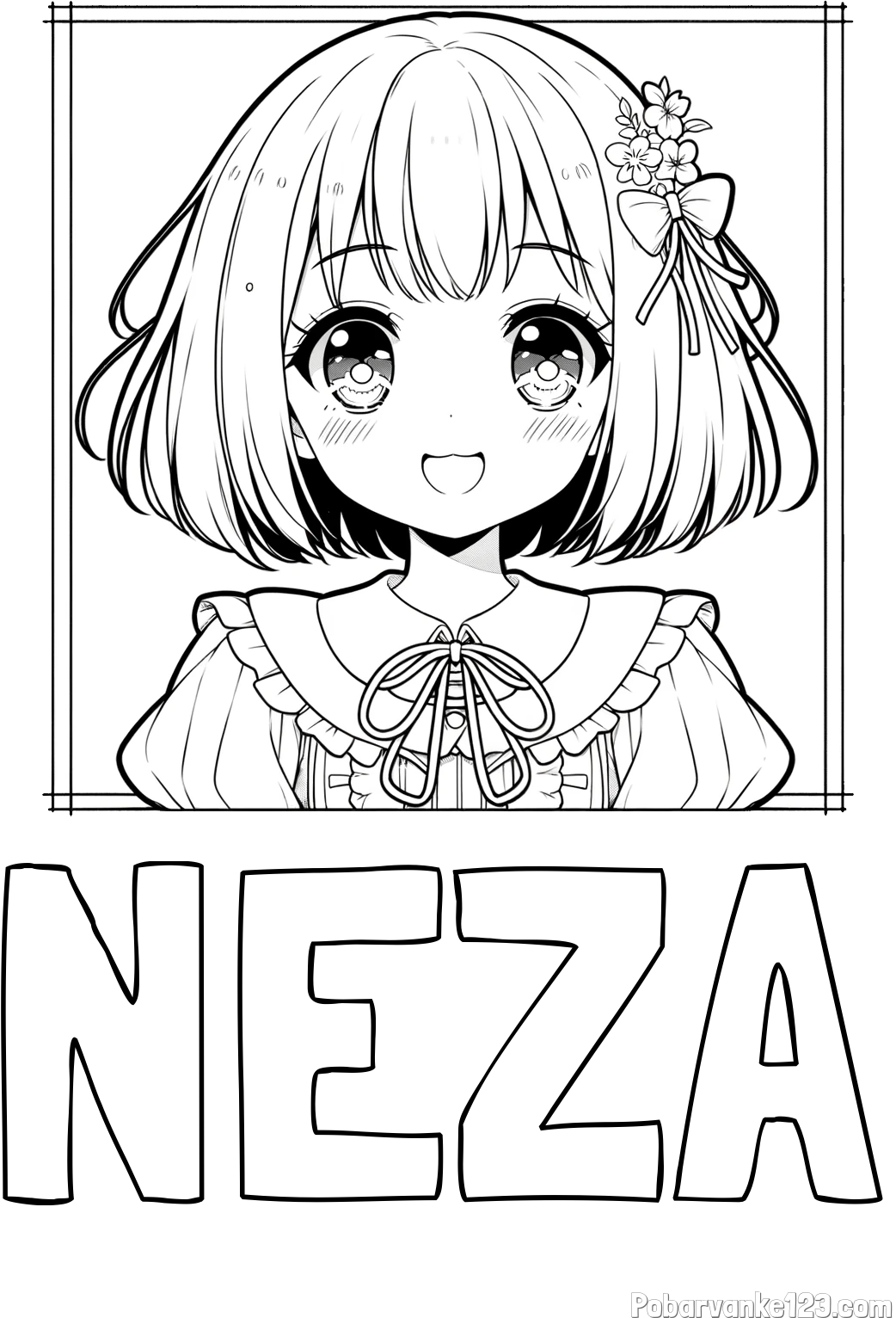 Pobarvanka imena NEŽA in pobarvanka ljubke punčke v anime slogu