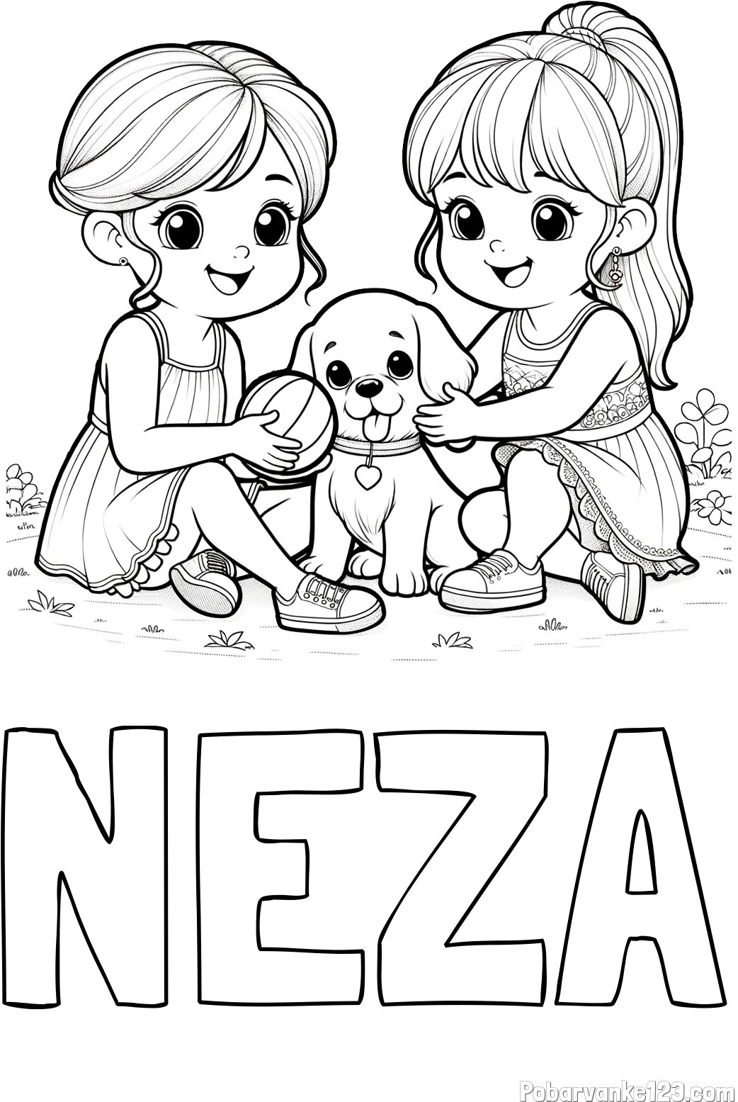 Pobarvanka imena NEZA in pobarvanka prijateljic s kužkom