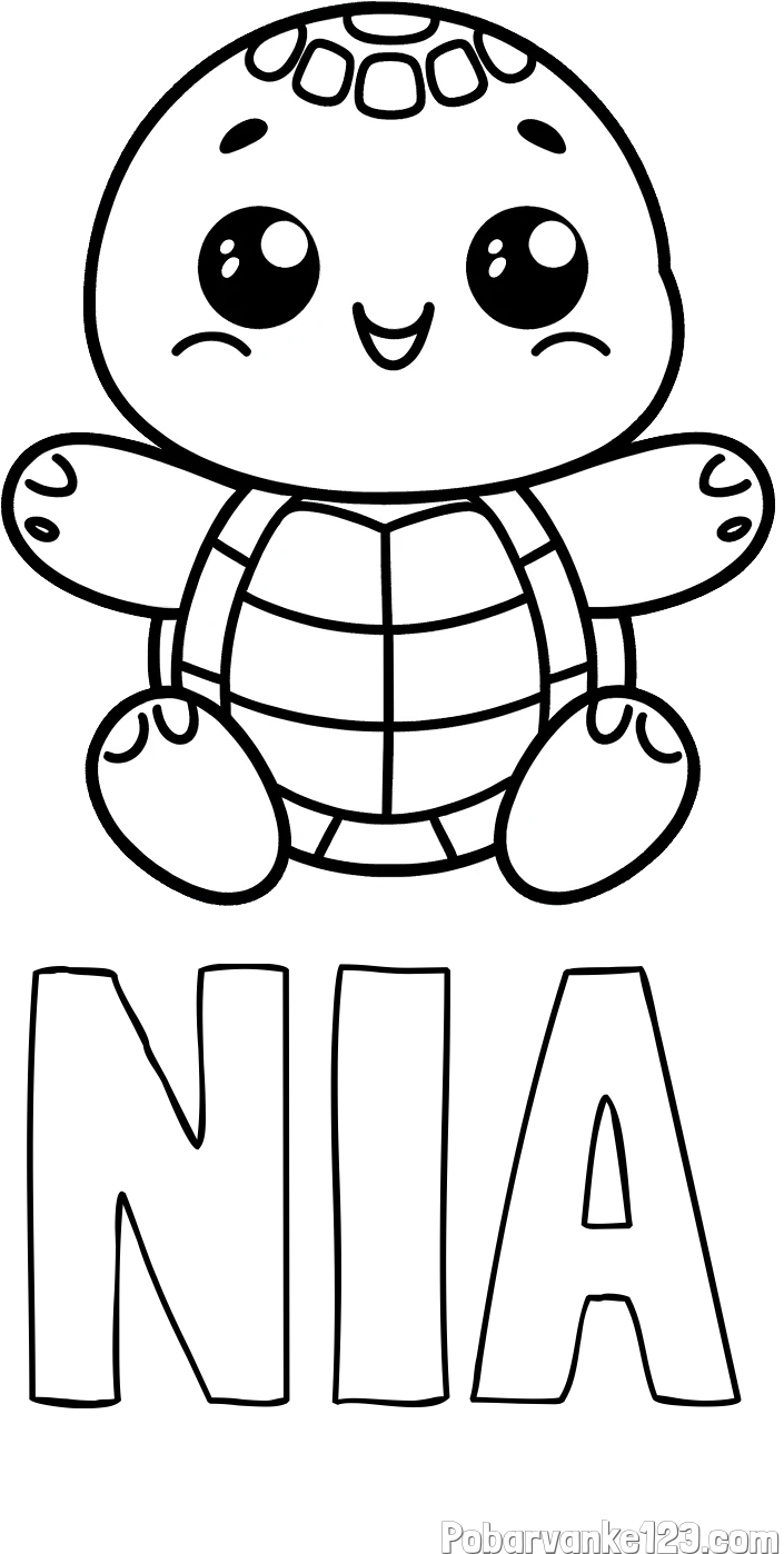Pobarvanka imena NIA in otroška pobarvanka ljubke in nasmejane želvice