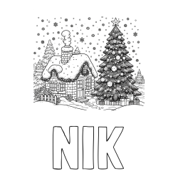 Online izdelana pobarvanka - Pobarvanka imena NIK in pobarvanka zasnežene hiške na božično noč