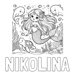 Online izdelana pobarvanka - Pobarvanka imena NIKOLINA in pobarvana ljubke morske deklice s prijatelji