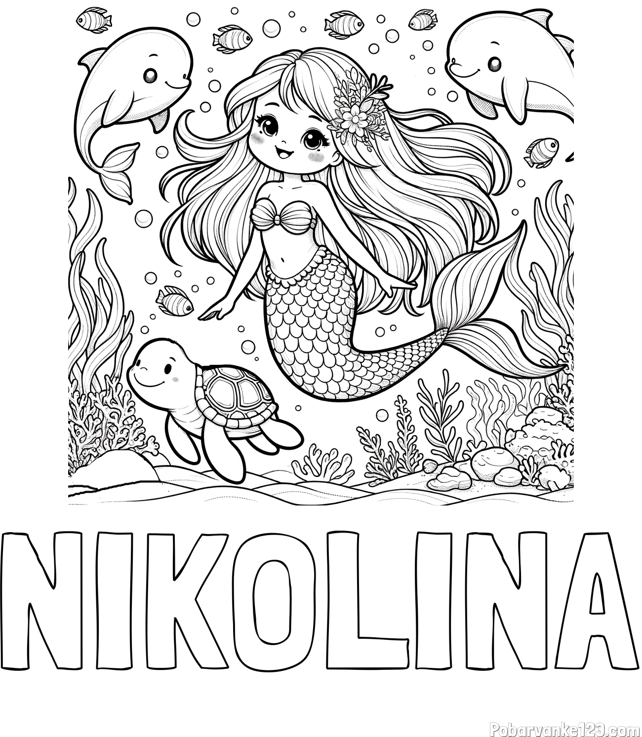 Pobarvanka imena NIKOLINA in pobarvana ljubke morske deklice s prijatelji