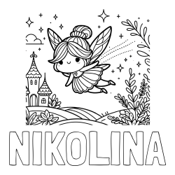 Online izdelana pobarvanka - Pobarvanka imena NIKOLINA in pobarvanka čarobne vile, ki leti nad pravljično pokrajino