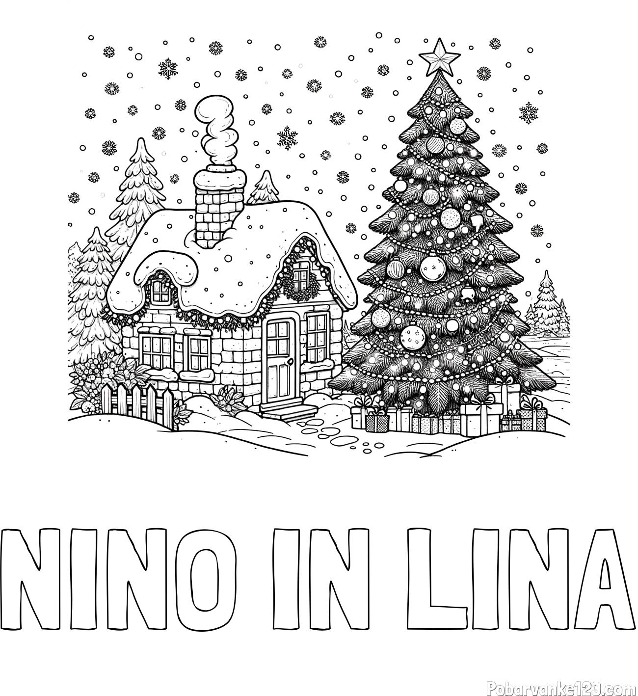 Pobarvanka imena NINO IN LINA in pobarvanka zasnežene hiške na božično noč