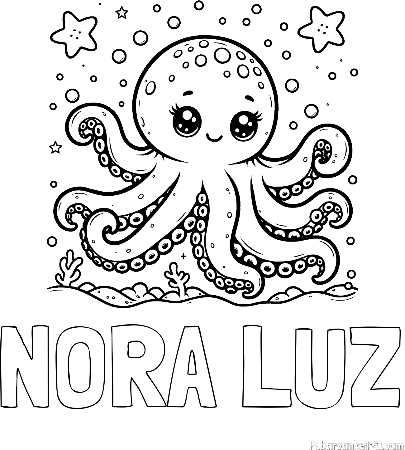 Pobarvanka imena NORA LUZ in pobarvanka hobotnice v morju obdane z morskimi zvezdami