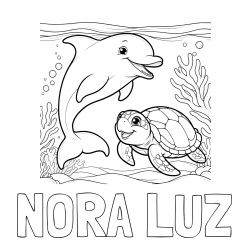Online izdelana pobarvanka - Pobarvanka imena NORA LUZ in pobarvanka ljubkega delfina z želvo v morju
