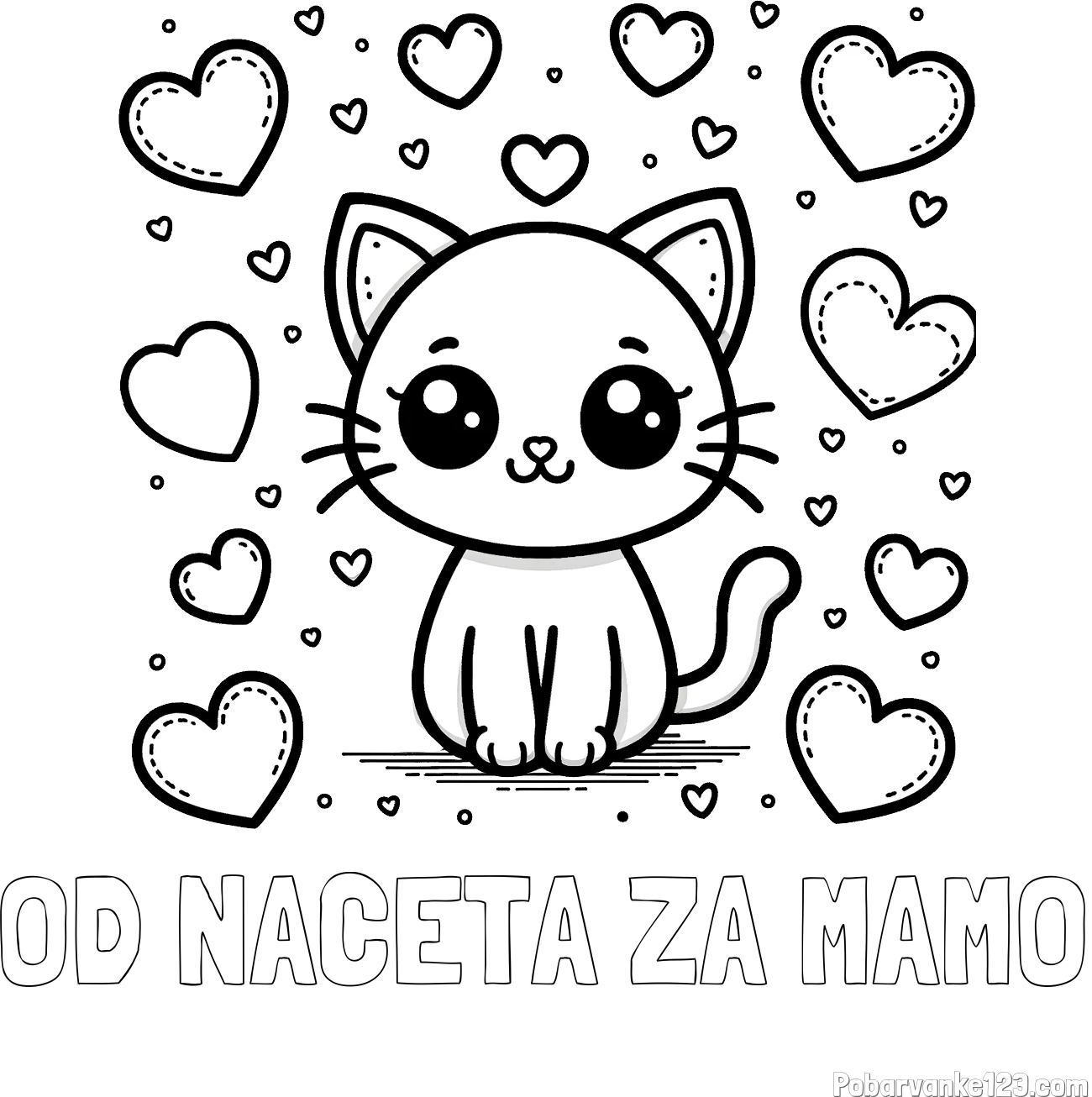 Pobarvanka imena OD NACETA ZA MAMO in pobarvanka ljubke mucke obdane z veliko srčki