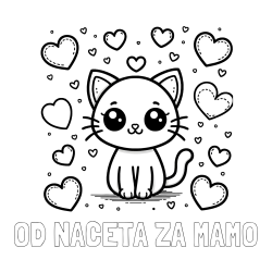 Online izdelana pobarvanka - Pobarvanka imena OD NACETA ZA MAMO in pobarvanka ljubke mucke obdane z veliko srčki