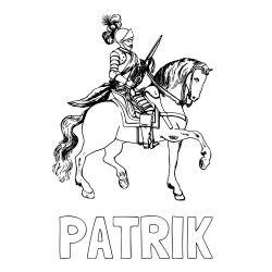 Online izdelana pobarvanka - Pobarvanka imena PATRIK in pobarvanka viteza na konju