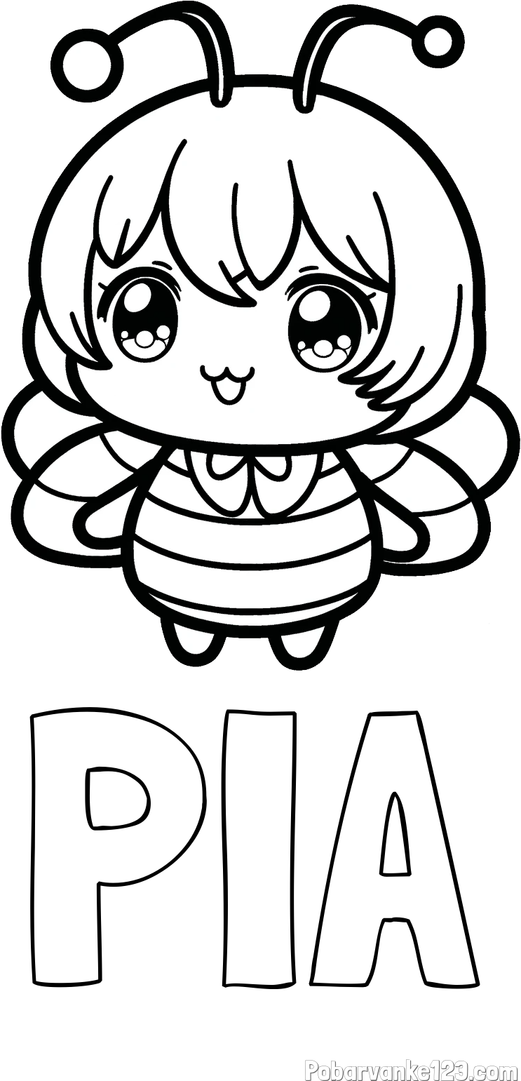 Pobarvanka imena PIA in pobarvanka čebelice v stilu anime