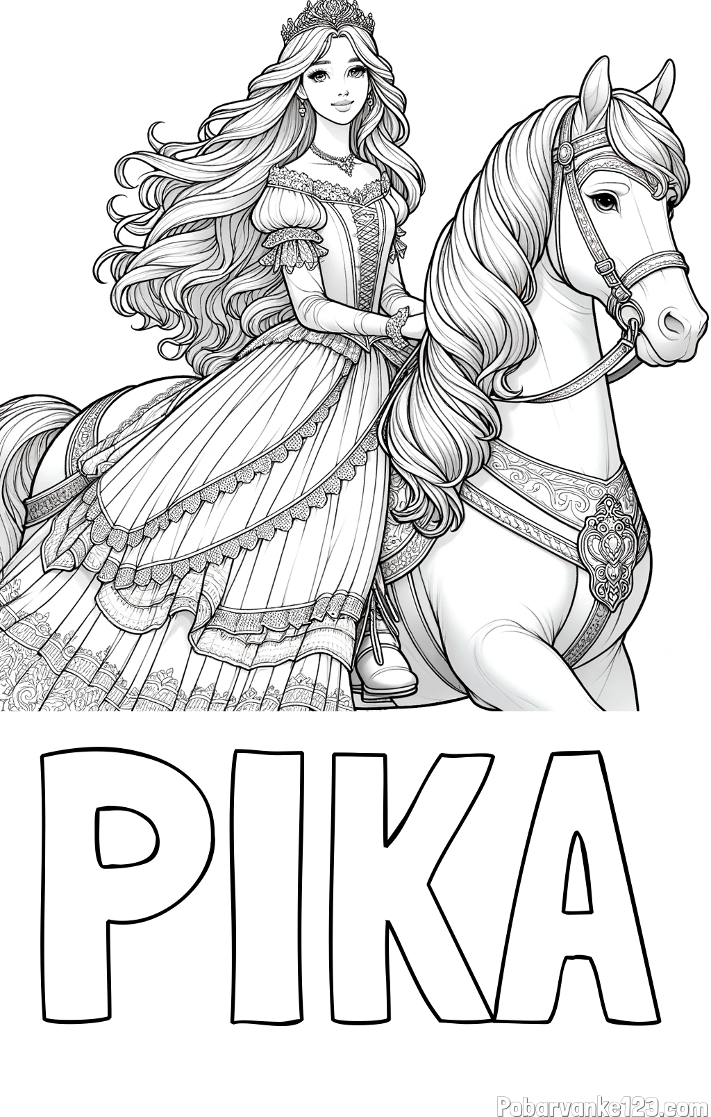Pobarvanka imena PIKA in pobarvanka nasmejana princese na konju