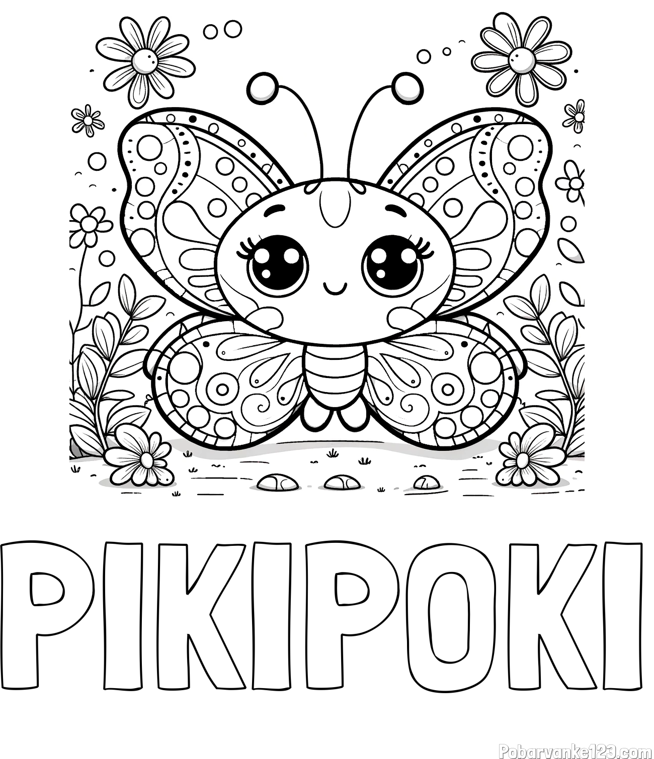 Pobarvanka imena PIKIPOKI in pobarvanka ljubkega metuljčka