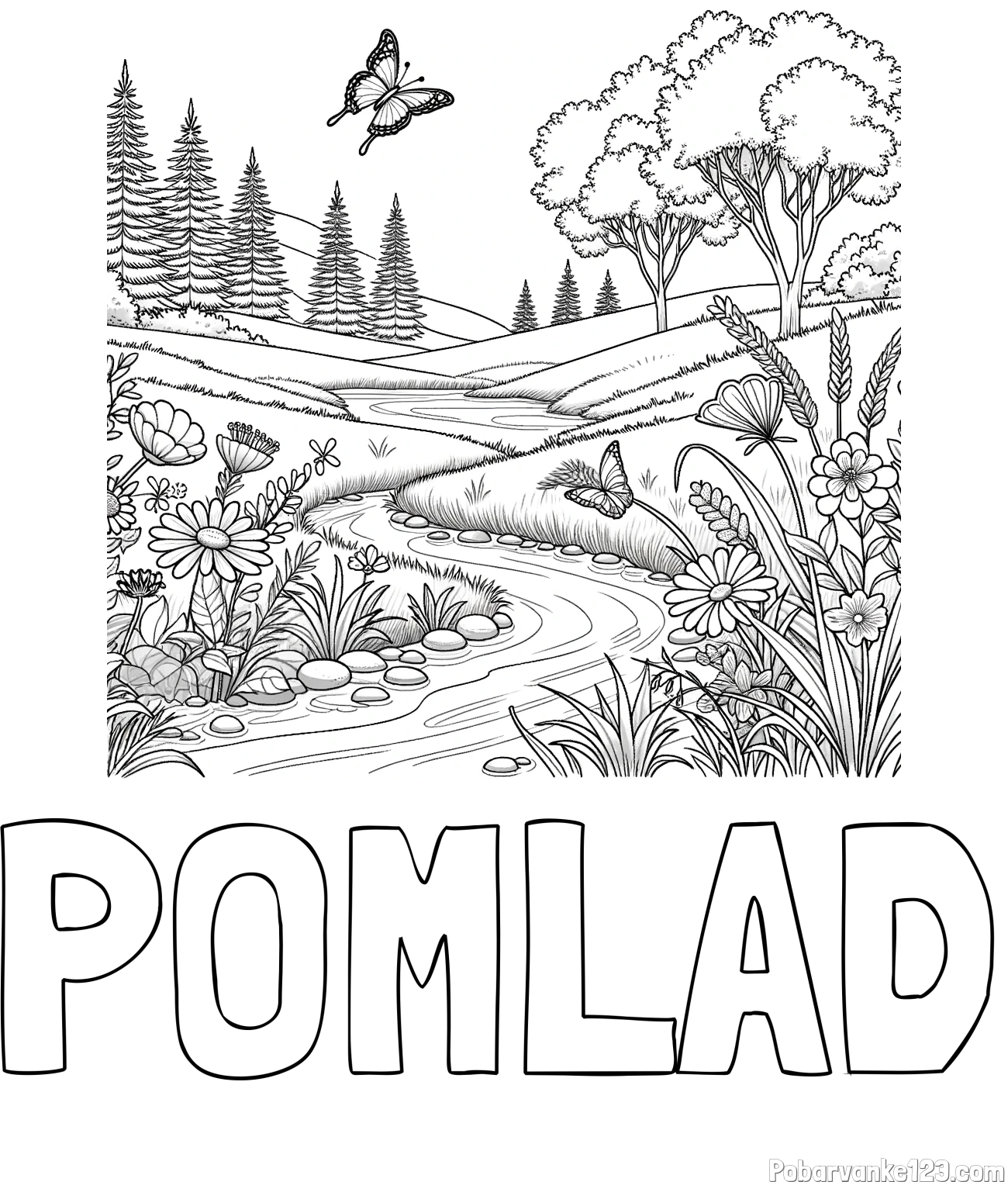 Pobarvanka imena POMLAD in pobarvanka cvetoče narave