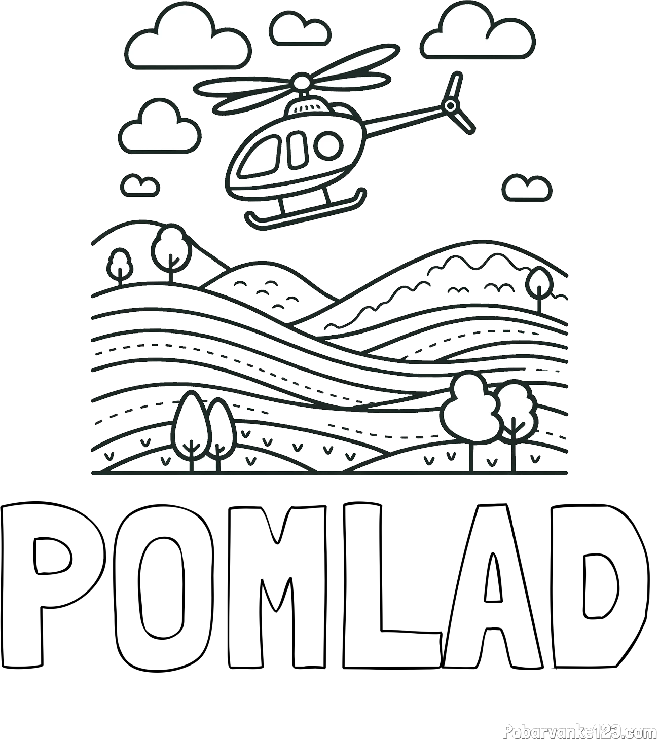 Pobarvanka imena POMLAD in pobarvanka helikopterja, ki leti nad pokrajino