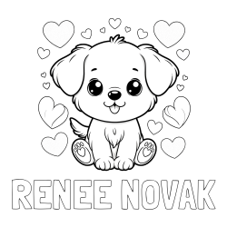 Online izdelana pobarvanka - Pobarvanka imena RENEE NOVAK in pobarvanka ljubkega kužka obdanega s srčki