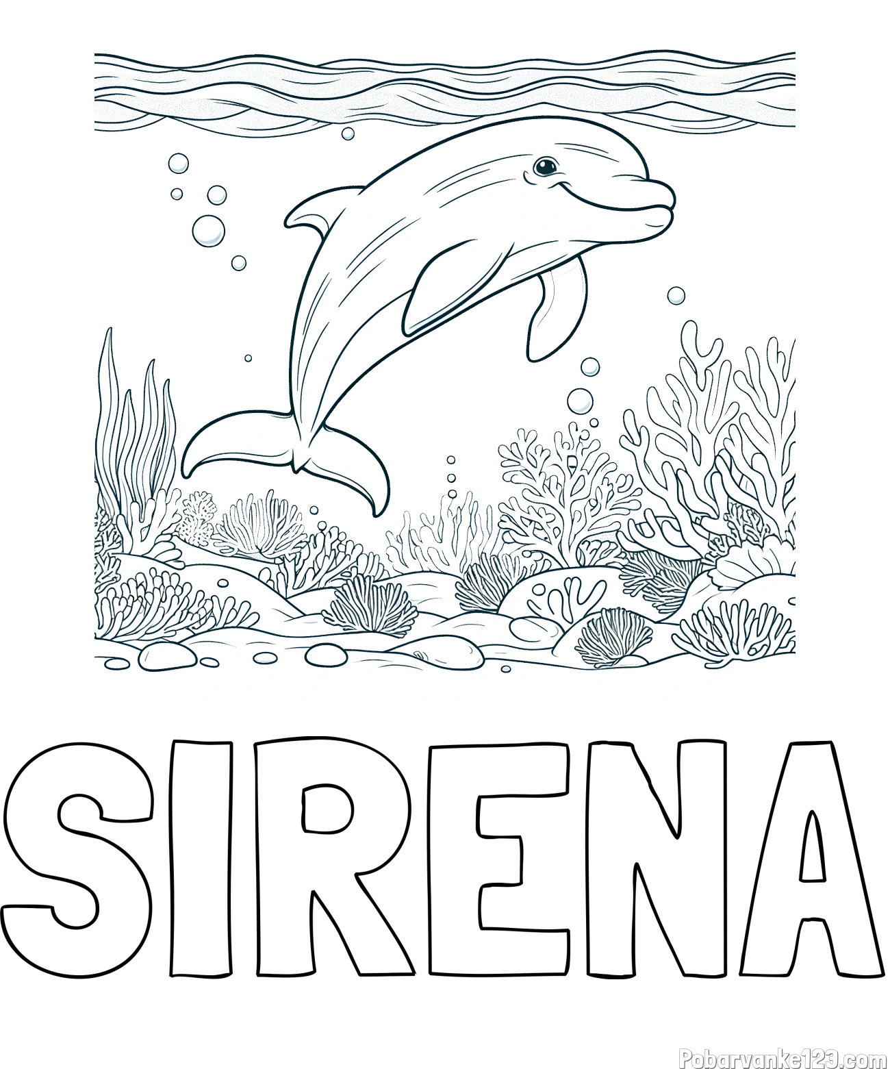 Pobarvanka imena SIRENA in pobarvanka ljubkega delfina med plavanjem v morju