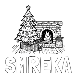 Online izdelana pobarvanka - Pobarvanka imena SMREKA in pobarvanka božične noči z božično smrečico, darili ter kaminom