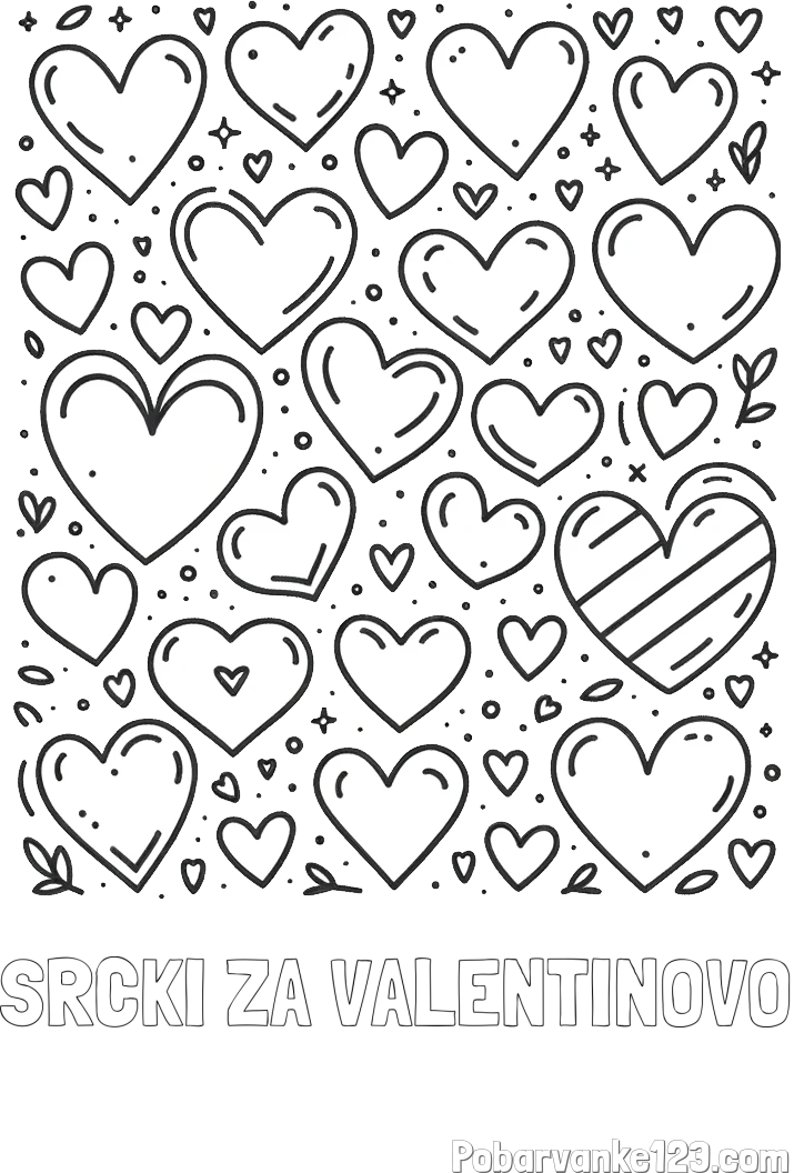 Pobarvanka imena SRČKI ZA VALENTINOVO in pobarvanka različnih srčkov