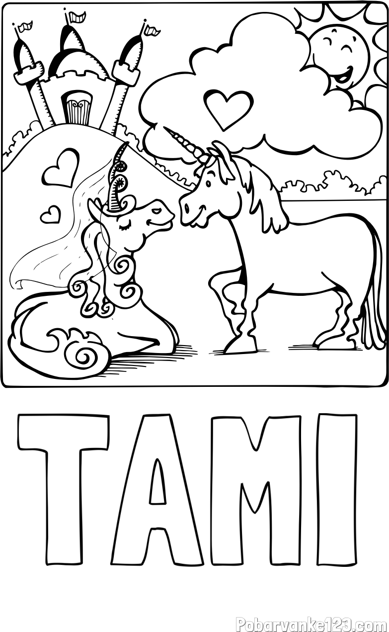 Pobarvanka imena TAMI in pobarvanka zaljubljenih samorogov