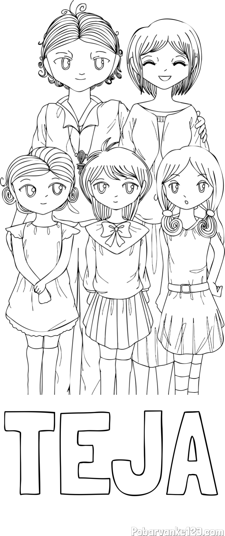 Pobarvanka imena TEJA in anime risani junaki