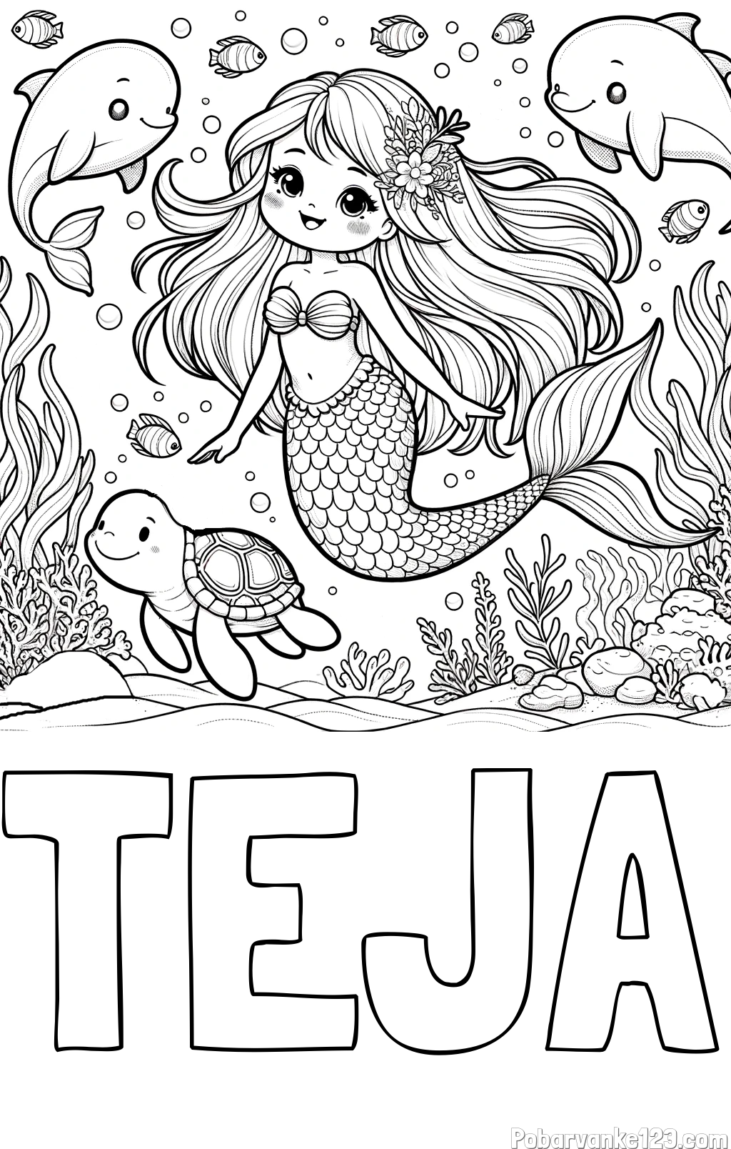 Pobarvanka imena TEJA in pobarvana ljubke morske deklice s prijatelji
