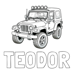 Online izdelana pobarvanka - Pobarvanka imena TEODOR in pobarvanka džipa