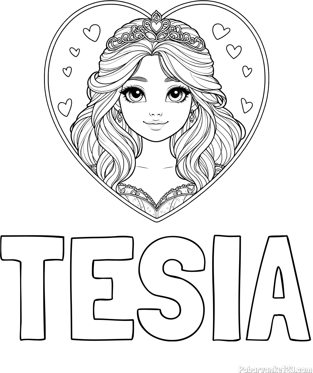 Pobarvanka imena TESIA in pobarvanka princeske ter srčkov