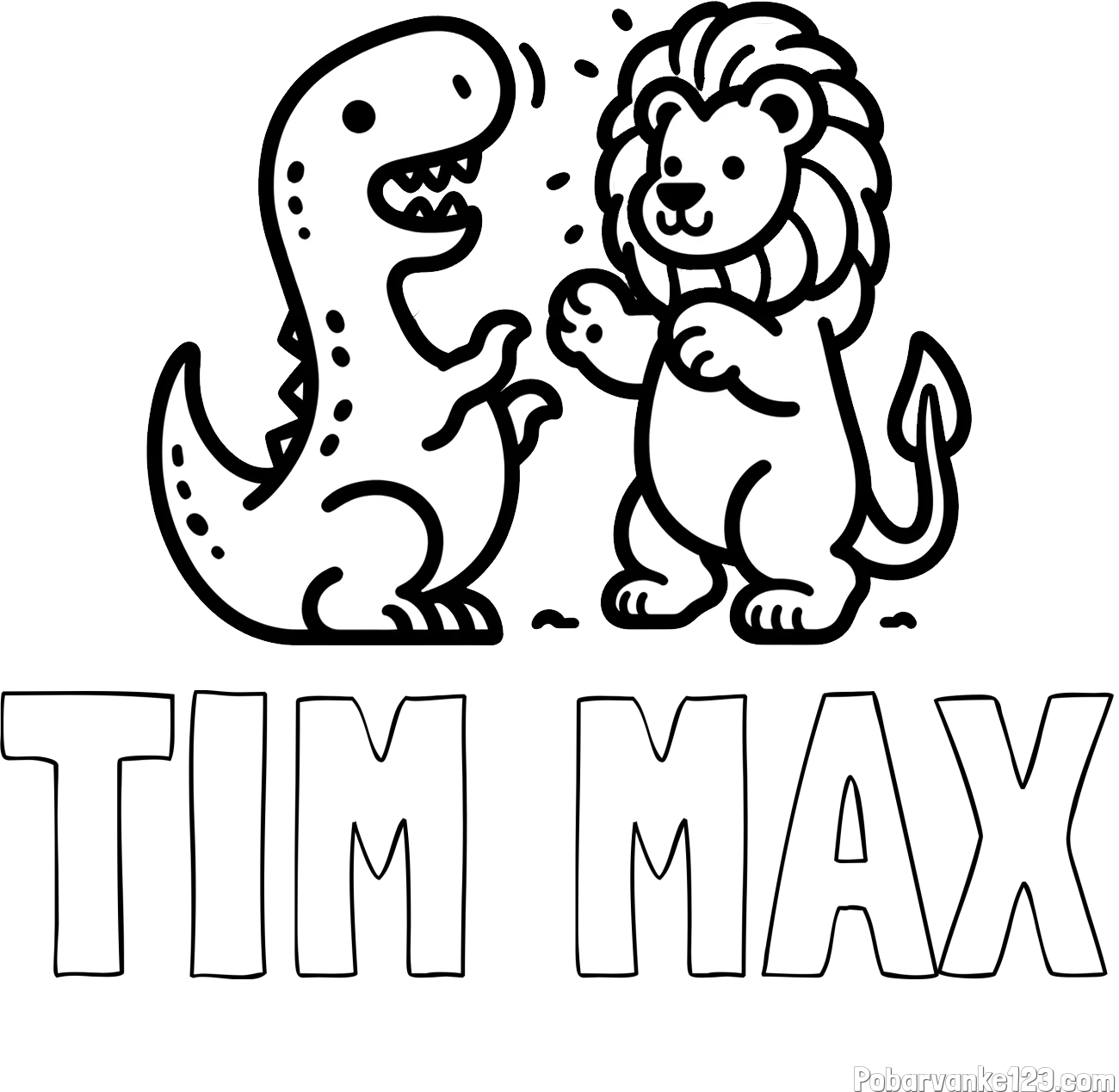 Pobarvanka imena TIM MAX in pobarvanka dinozavra, ki napada leva