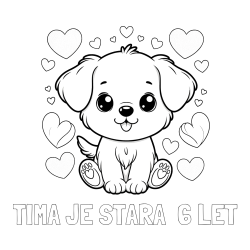 Online izdelana pobarvanka - Pobarvanka imena TIMA JE STARA  6 LET in pobarvanka ljubkega kužka obdanega s srčki