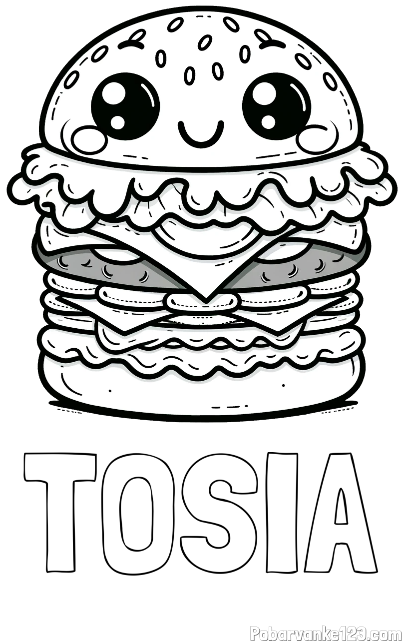 Pobarvanka imena TOSIA in otroška pobarvanka nasmejanega hamburgerja
