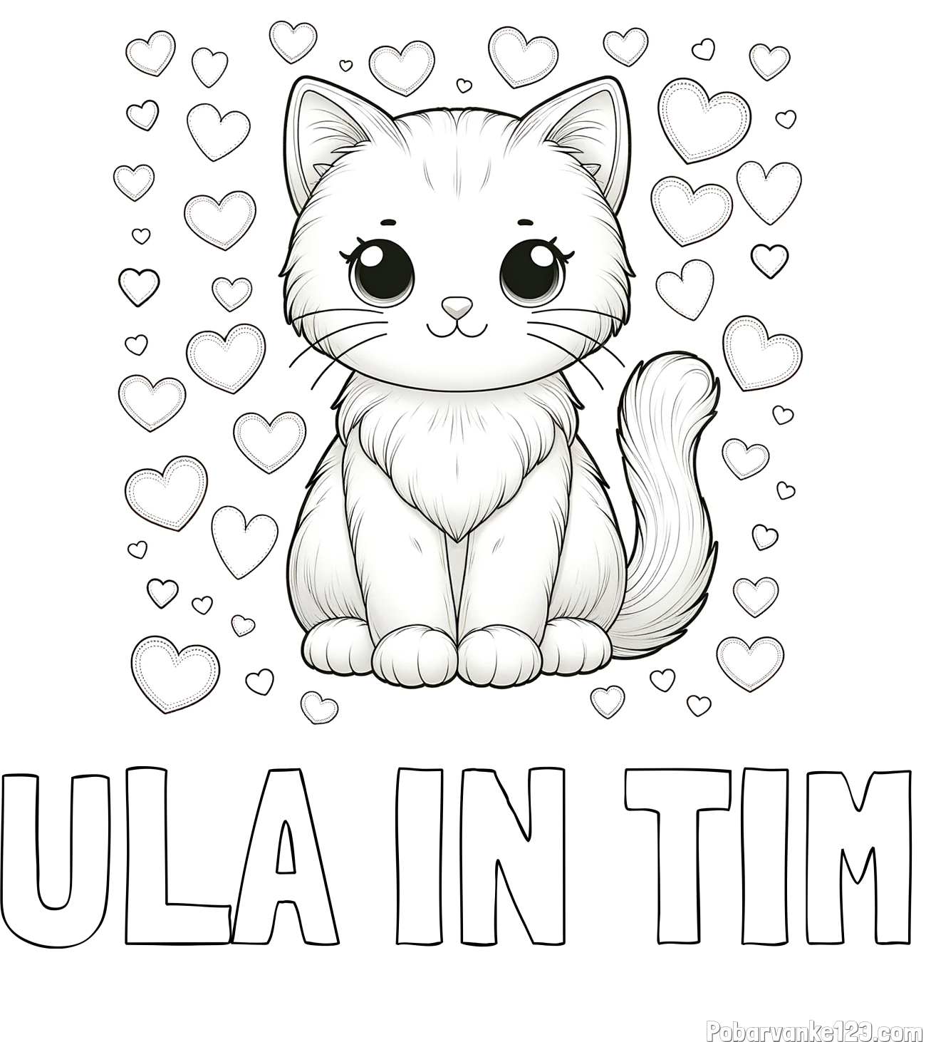 Pobarvanka imena ULA IN TIM in pobarvanka ljubke mucke obdane s srčki