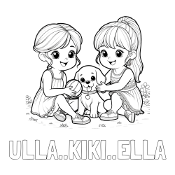 Online izdelana pobarvanka - Pobarvanka imena ULLA..KIKI..ELLA in pobarvanka prijateljic s kužkom