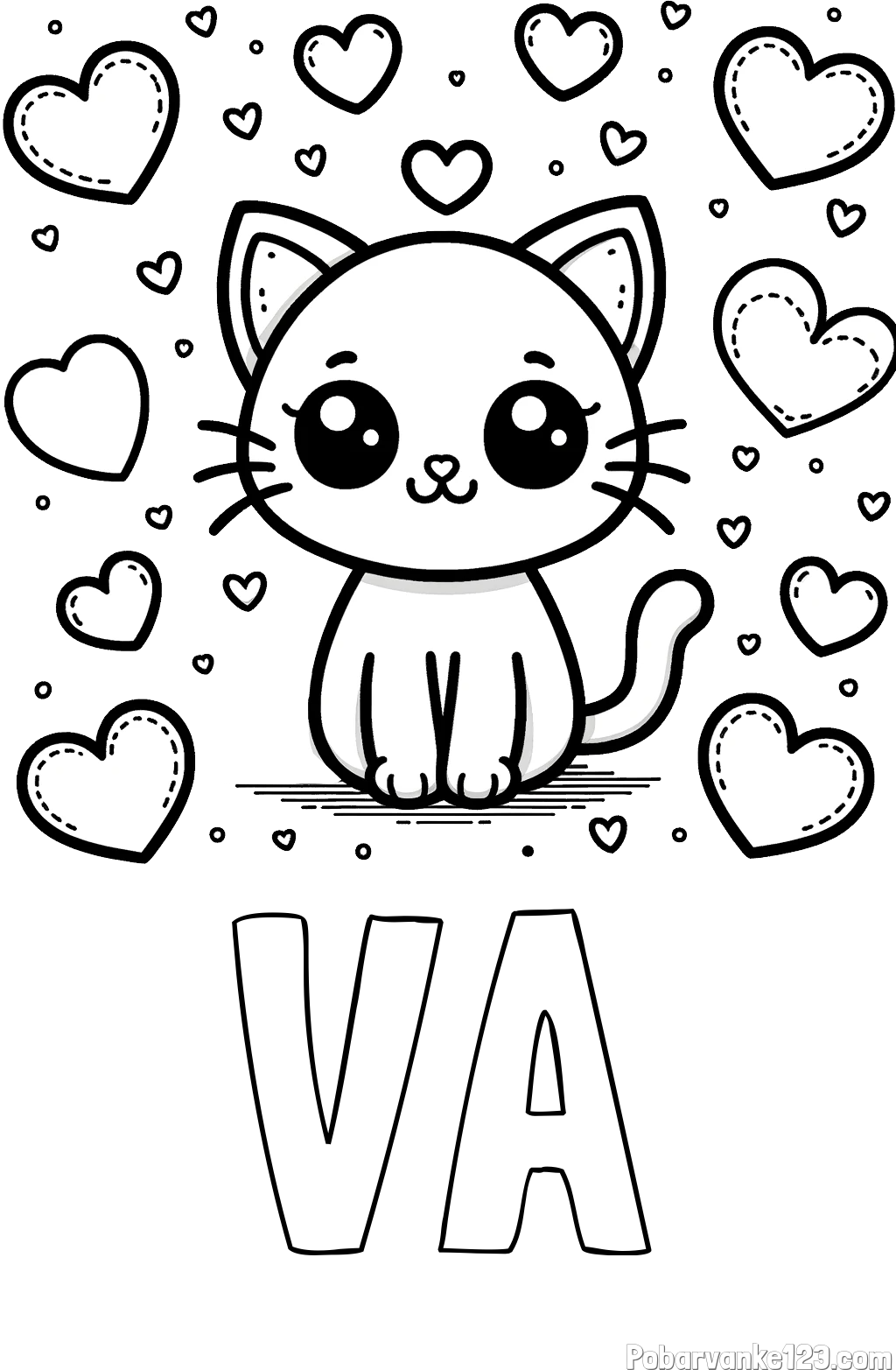 Pobarvanka imena VA in pobarvanka ljubke mucke obdane z veliko srčki