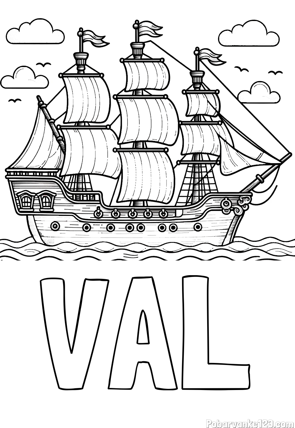 Pobarvanka imena VAL in pobarvanka stare gusarske ladje