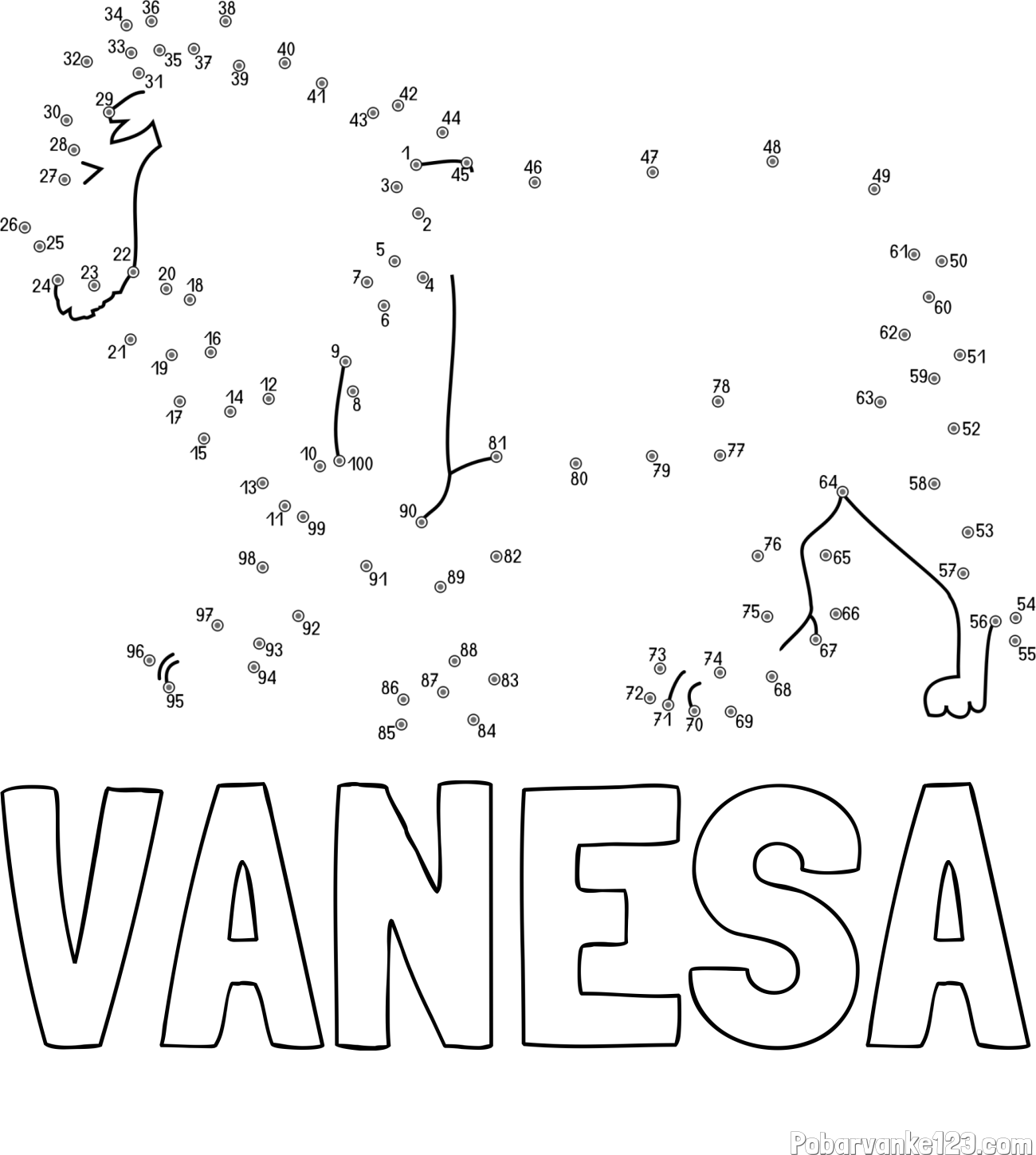 Pobarvanka imena VANESA in pobarvanka leva - poveži številke