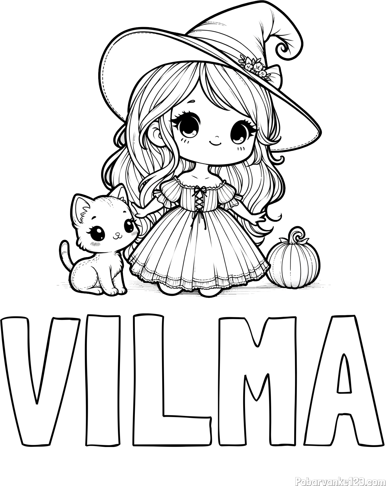 Pobarvanka imena VILMA in pobarvanka ljubke čarovnice, muce in buče