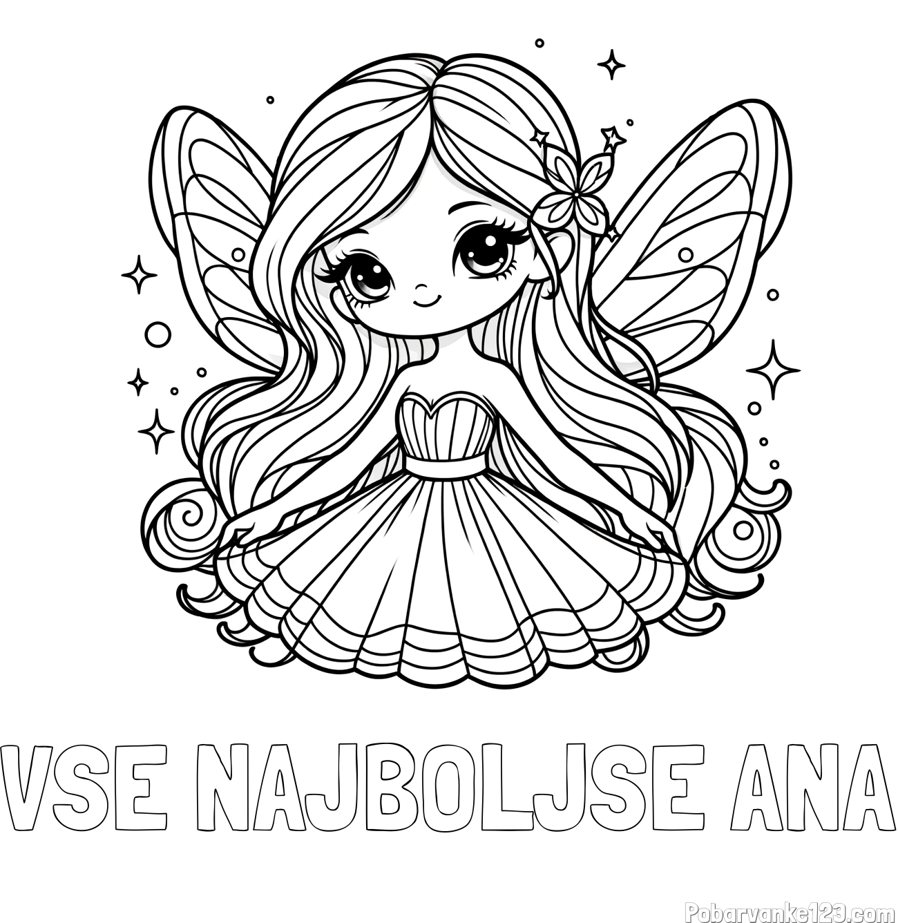 Pobarvanka imena VSE NAJBOLJŠE ANA in pobarvanka ljubke in nasmejane čarobne vile